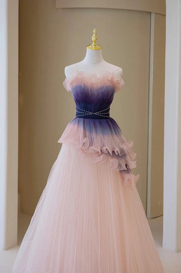 Wholesale Unique Pink Gradient Long Prom Dress A-Line Strapless Evening Party Dress